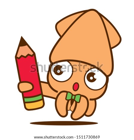 Cartoon cute squid with bowtie holding a pencil. Back to school