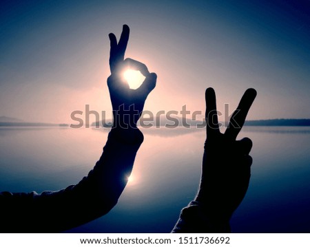 Fun shadow play. Shadow of hand symbol. Fingers gesturing frame on rising Sun. 
