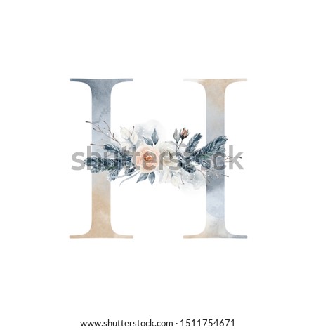 Winter alphabet of elegant decorated letters. Watercolor letter H with a bouquet of roses and fir branches. Element for design