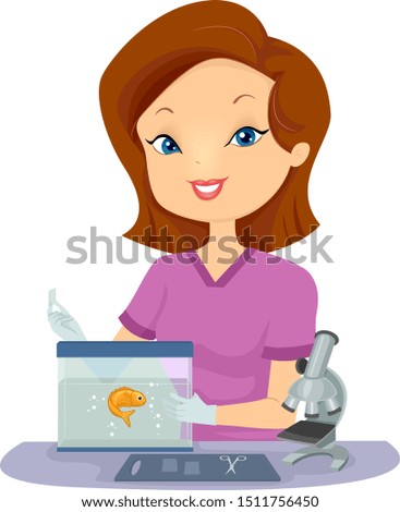 Illustration of a Girl Veterinarian Doing a Physical Exam on a Fish in the Aquarium