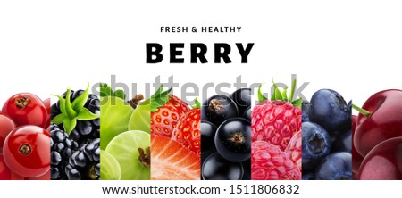 Collection of berries isolated on white background with copy space, fresh and healthy berry fruits close-up, panoramic photo, macro of strawberry, blueberry, ripe cherry, raspberry, gooseberry 