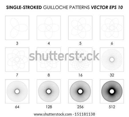 Single-stroked guilloche patterns 3 to 512 leaves