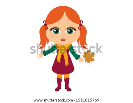 Cute autumn little girl vector. Autumnal little girl vector. Redhead small child icon. Redheaded autumn girl in rubber boots. Baby girl autumn clothes vector