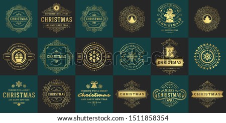 Christmas vector typography ornate labels and badges, happy new year and winter holidays wishes for greeting card, gift and banner, design elements set with decorations ornaments. Vector illustration.