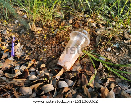 all plastic bottle cup and bag in garden