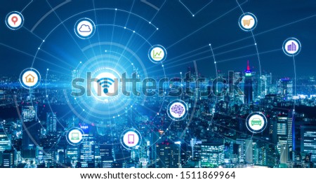 Smart city and communication network concept. 5G. LPWA (Low Power Wide Area). Wireless communication. Royalty-Free Stock Photo #1511869964