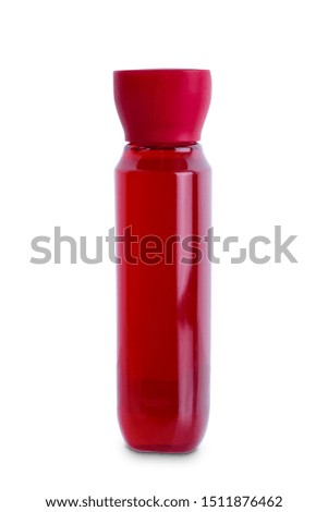 Red lid, Transparent body plastic bottle cosmetic hygiene, gel, liquid soap, lotion, cream, shampoo, conditioner with body moisturising isolated on white background with clipping path