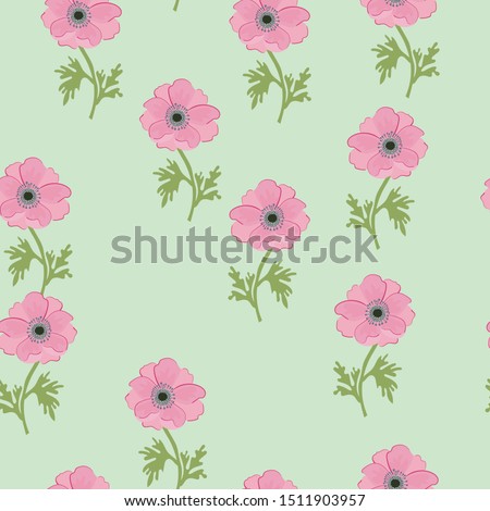 Seamless pattern with leaves and pink anemone flowers on a light green background.