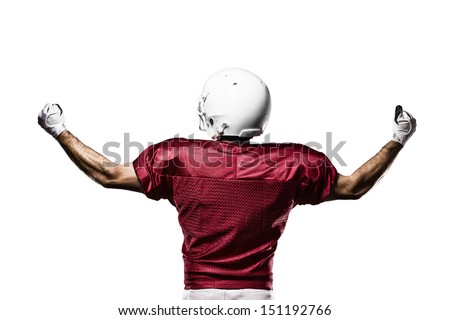 Football Player with a Red uniform celebrating on a White background.