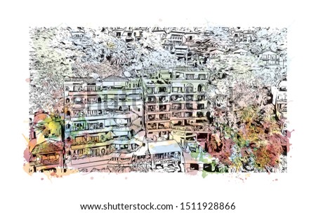 Building view with landmark of Puerto Vallarta is a resort town on Mexico’s Pacific coast, in Jalisco state. Watercolor splash with Hand drawn sketch illustration in vector.