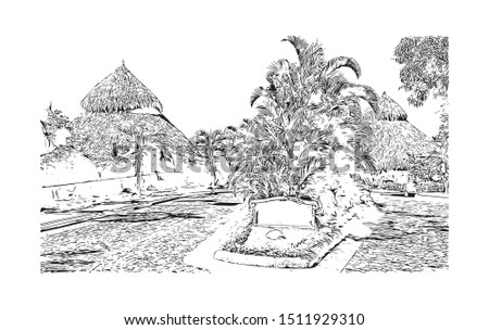 Building view with landmark of Puerto Vallarta is a resort town on Mexico’s Pacific coast, in Jalisco state. Hand drawn sketch illustration in vector.