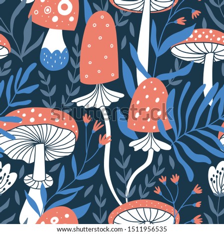 Magic night seamless pattern with mushrooms and flowers. Fly agaric repeated background in hand-drawn style. Vector illustration.