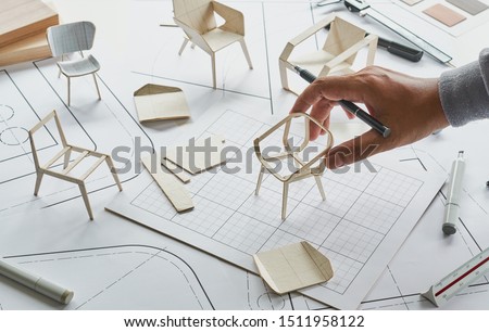 Designer sketching drawing design development product plan draft chair armchair Wingback Interior furniture prototype manufacturing production. designer studio concept .                            Royalty-Free Stock Photo #1511958122