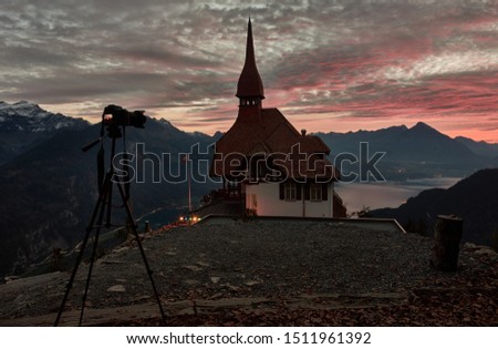 Sunset over Lake Thun (Thunersee) from the viewpoint of Harder Kulm, Interlaken. Switzerland