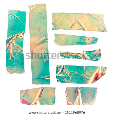 Shiny crumpled stickers. Cool set of metallic holographic sticky tape shapes isolated on white background. Holo glitter stripes or snips.