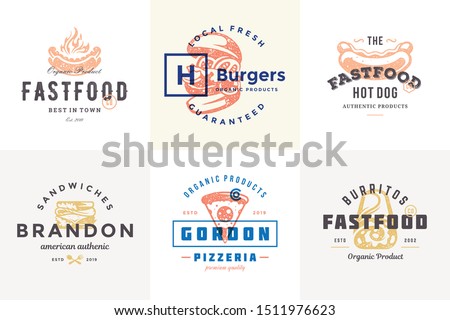 Hand drawn fast food logos and labels with modern vintage typography retro style set vector illustration. Burger, pizza and hot dog silhouettes for cafe packaging and restaurant menu.