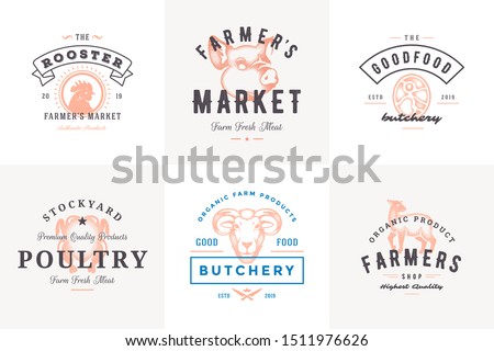 Engraving logos and labels farm animals with modern vintage typography hand drawn style set vector illustration. Rooster, pig and ram silhouettes for farm market packaging and restaurant menu.