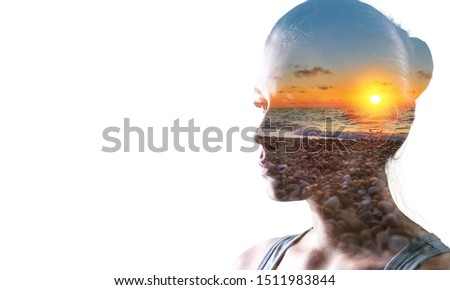 Psychoanalysis and meditation, concept. Profile of a young woman and sunset over the ocean, calm and mental health. Image with double exposure effect. The subconscious and how the brain works Royalty-Free Stock Photo #1511983844