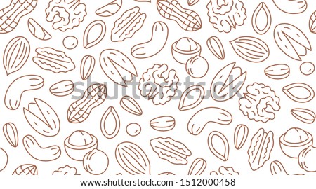Nut seamless pattern with flat line icons. Vector background of dry nuts and seeds - almond, cashew, peanut, walnut, pistachio. Food texture for grocery shop, brown white color. Royalty-Free Stock Photo #1512000458