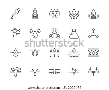 Skin care flat line icons set. Hyaluronic acid drop, serum, anti ageing compound retinol, pore tighten vector illustrations. Outline signs cosmetic product label. Pixel perfect Editable Strokes. Royalty-Free Stock Photo #1512000479