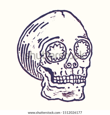 Real linocut hand made skull print. Vector psychedelic vintage style illustration for t-shirt, card, sticker and poster design