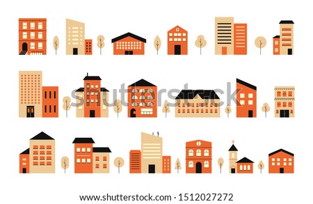 Town building design city landscape. Vector colorful house exterior flat illustration. Residential set houses front view, townhouse building apartment, home facade