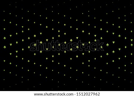 Dark Green, Yellow vector template with poker symbols. Glitter abstract sketch with isolated symbols of playing cards. Template for business cards of casinos.