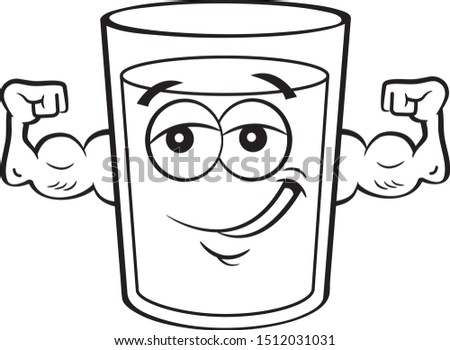 Black and white illustration of a smiling glass of milk flexing it's muscles.