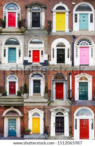Colorful collection of doors in Dublin, Ireland. A photo collage of 16 colourful front doors to houses and homes