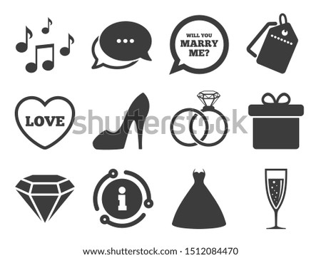 Rings, gift box and brilliant signs. Discount offer tag, chat, info icon. Wedding, engagement icons. Dress, shoes and musical notes symbols. Classic style signs set. Vector