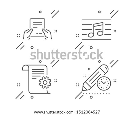Technical documentation, Musical note and Receive file line icons set. Project deadline sign. Manual, Music, Hold document. Time management. Education set. Vector