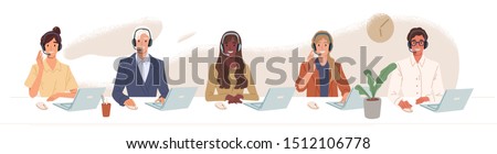Call center, hotline flat vector illustrations. Smiling office workers with headsets cartoon characters. Customer support department staff, telemarketing agents. Multiethnic, diverse team. Royalty-Free Stock Photo #1512106778