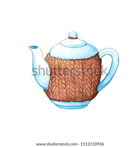 Hand drawn watercolor illustration of blue ceramic teapot in brown knitted warmer isolated on white. Hot drinks and cafe menu design elements
