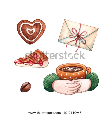 hand drawn watercolor illustration clip art set of heart shaped gingerbread, letter in envelope, hands holding cup of coffee and piece of pie isolated on white - autumn, christmas and winter holidays