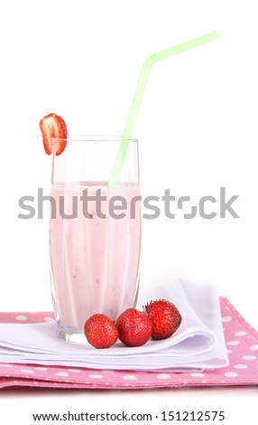 Delicious milk shake with strawberries isolated on white