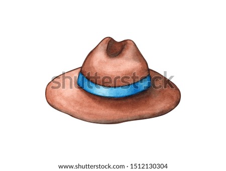 Hand drawn watercolor illustration of brown hat with blue ribbon isolated on white. Clothes, headwear and fashion concept