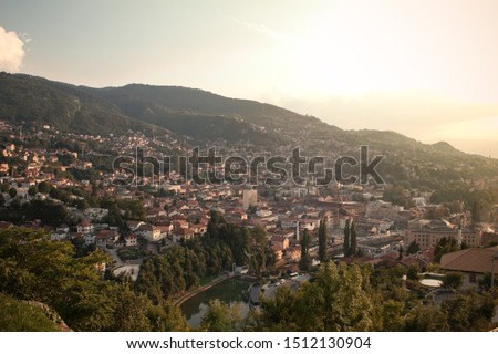 Sarajevo city scenery above with sunset from Yellow fortress