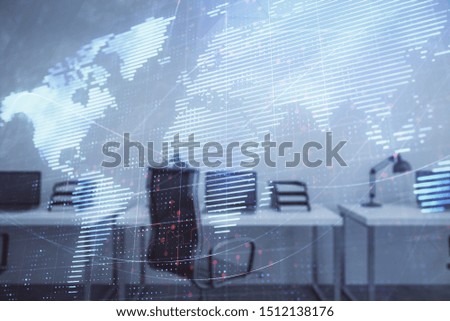 World map with trading desk bank office interior on background. Multi exposure. Concept of international finance
