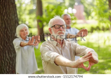 Old gentleman attending qigong class in the park stock photo Royalty-Free Stock Photo #1512174794