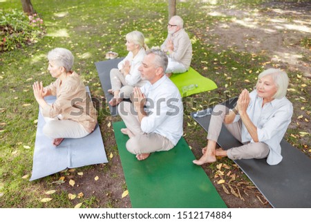 Group of senior people meditating in lotus position stock photo