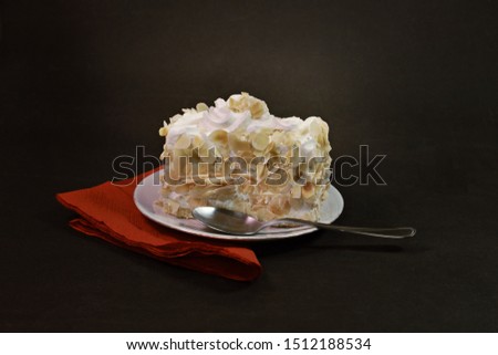 A piece of delicious almond cake in a dark background