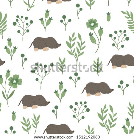 Vector seamless pattern of hand drawn flat funny baby mole with stylized foliage. Forest themed repeating background for children’s design. Cute animalistic backdrop