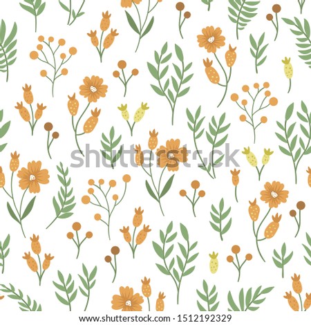 Vector green and orange floral seamless pattern. Hand drawn flat simple trendy illustration with flowers and leaves on white background. Repeating texture with meadow, garden, forest plants.