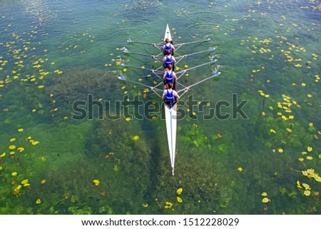 Men's quadruple rowing team on green water, top view Royalty-Free Stock Photo #1512228029