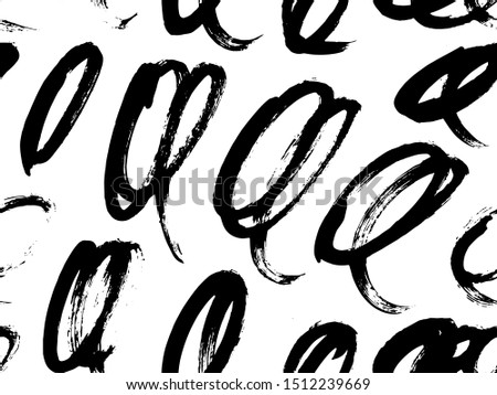 Vector seamless pattern with calligraphic hand drawn brush strokes, dots and dash.  Black and white, monochrome. Good for wrapping paper, invitation card, pattern fill, wallpaper, video blog corer