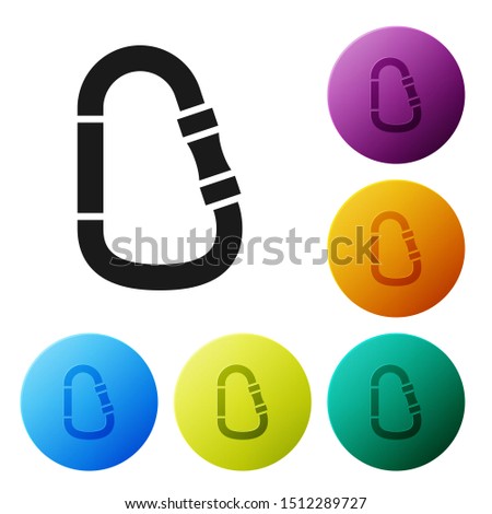 Black Carabiner icon isolated on white background. Extreme sport. Sport equipment. Set icons colorful circle buttons. Vector Illustration