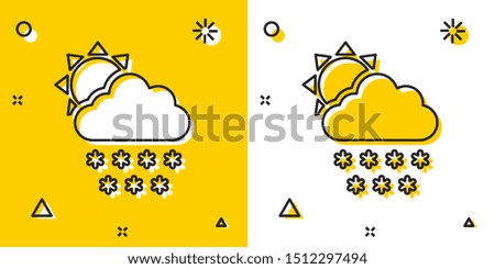 Black Cloud with snow and sun icon isolated on yellow and white background. Cloud with snowflakes. Single weather icon. Snowing sign. Random dynamic shapes. Vector Illustration