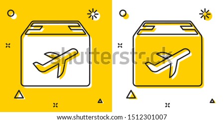 Black Plane and cardboard box icon isolated on yellow and white background. Delivery, transportation. Cargo delivery by air. Airplane with parcels, boxes. Random dynamic shapes. Vector Illustration