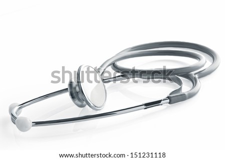 Close up view of grey stethoscope on white back