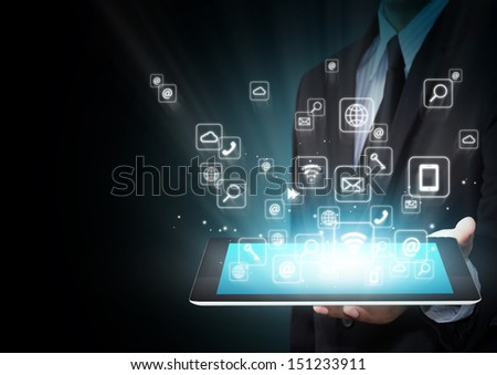 Hand holding digital tablet, social media concept